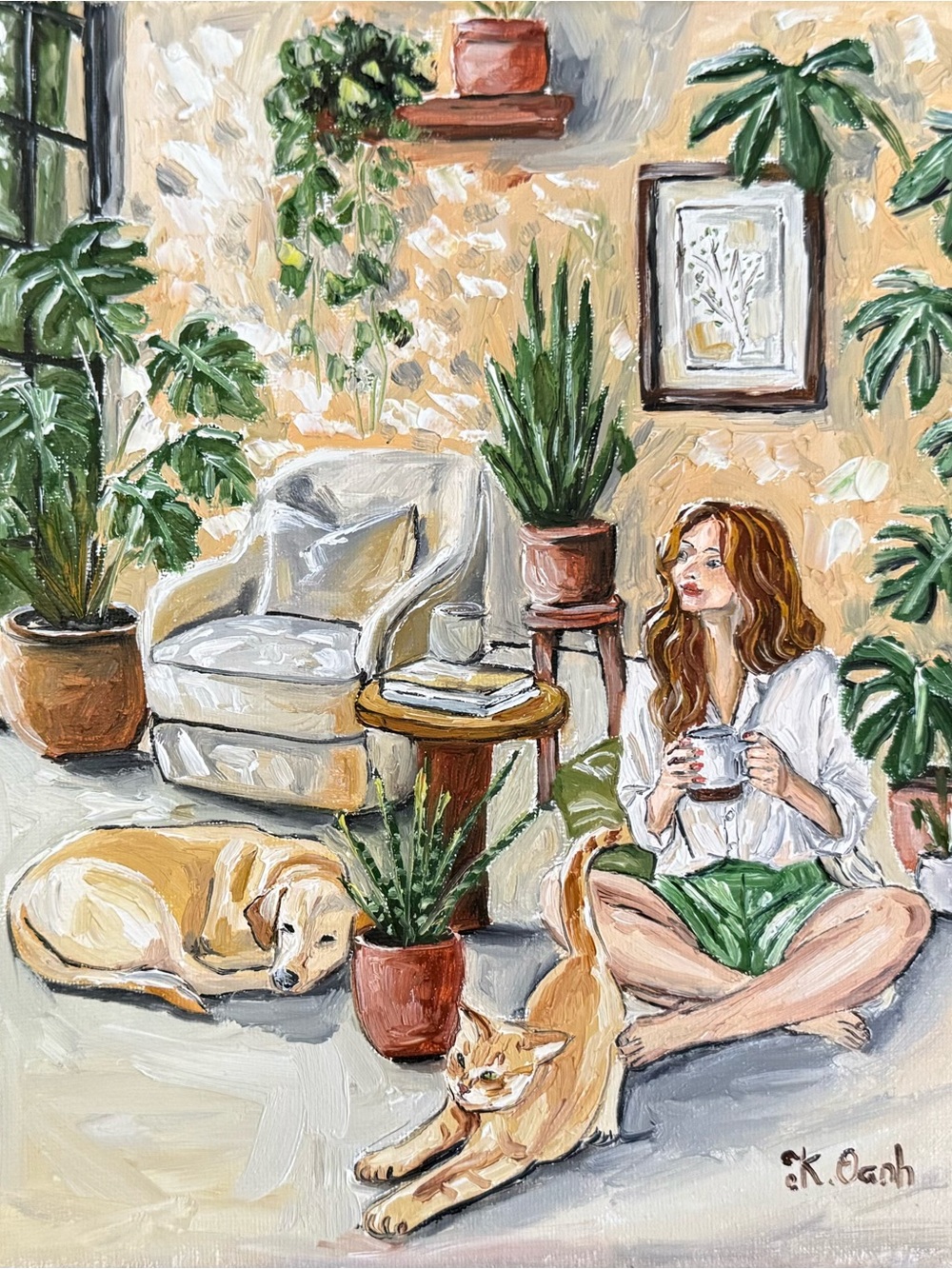 Original oil painting a woman and her pets dog & cat indoor signed 8x10 inches